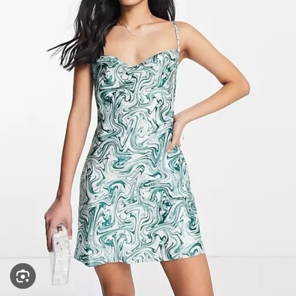 ASOS Miss Selfridge cowl neck satin slip dress in green swirl print US 6